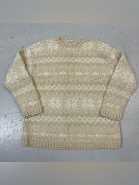 Vintage 90s Cream Heavy Weight Chunky Knit Snowflake Sweater Oversized Size M